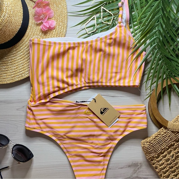 Quicksilver Asymmetrical One Shoulder Striped Coral One Piece Swimsuit - Picture 7 of 11